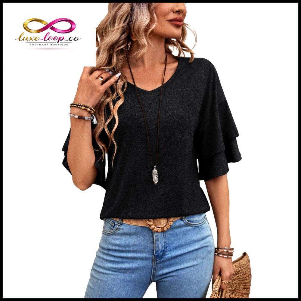 V-Neck Bell Sleeve Ruffle T-Shirt, 3/4 Sleeve Blouse, Polyester Rayon Spandex